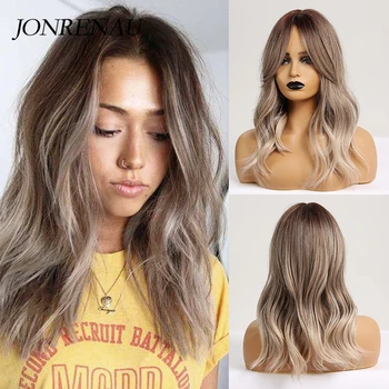 JONRENAU 16 Inches Synthetic Platinum Blonde Hair Long Natural Wave Ombre Brown Mixed Color Party Wigs for White/Black Women 1