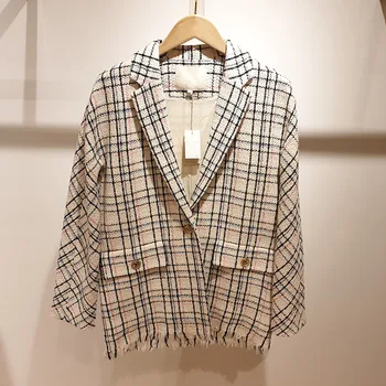 

New Tweed Plaid Female Blazer Women Notched Collar Long Sleeve Office Wear Outwear Top Fashion Female Tassel Jacket With Pockets