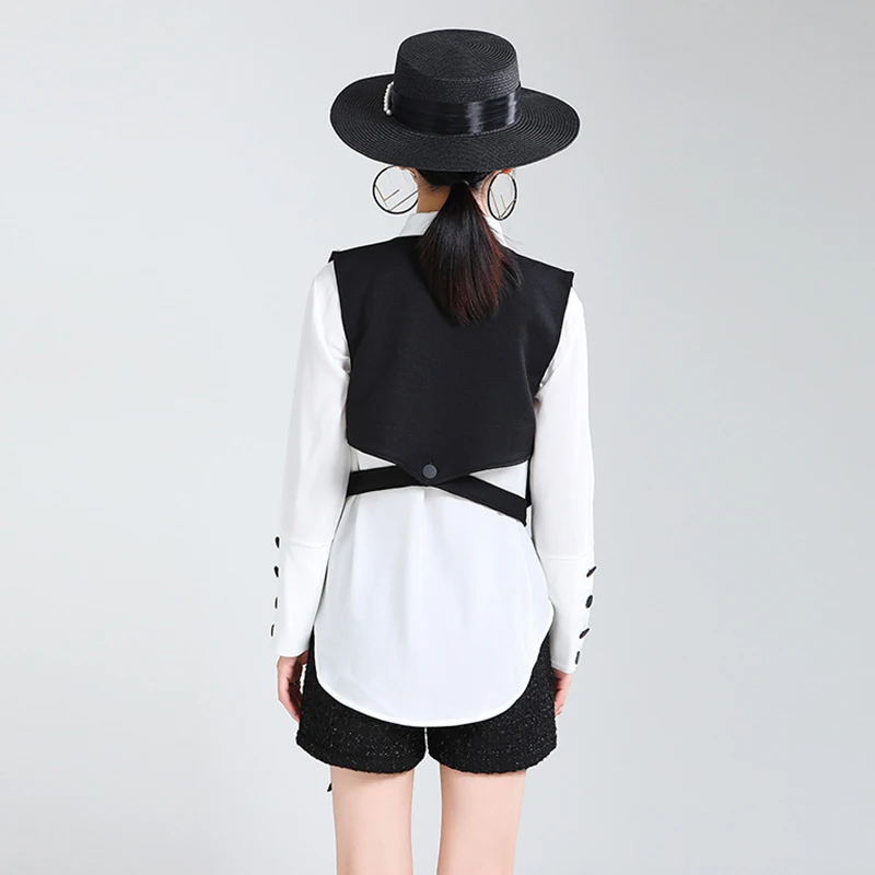 [EAM] Women Black Irregular Split Big Size Blouse
