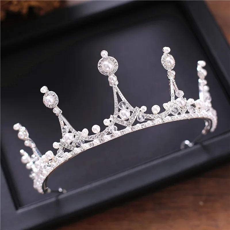 

Korean Style Pearl Man-made Diamond Hair Accessories Bride Crown Headdress Necklace Earrings Three-piece Set-Marriage Wedding Dr