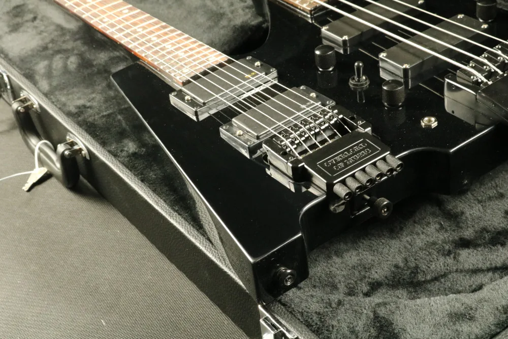 In Stock Headless Electric Guitar Bass T-01 Black Flamed Maple Top Double Neck Set In Neck Guranteed Quality Free Shipping