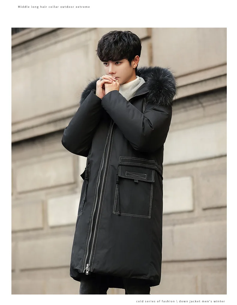 Пуховик средней длины, Мужская Толстая куртка, стиль, для подростков, красивая, модная, теплая, с меховым воротником, с капюшоном, модное пальто, мужская одежда