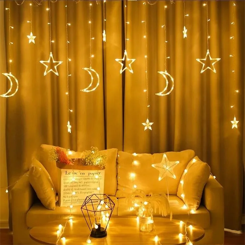 «Луна», «Звезды» гирлянда светодиодный Шторы огни Рождественская елка украшения настенные светильники для дома вечерние сад свадебное праздничное освещение