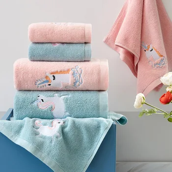

100% cotton Unicorn embroidery thickened absorbent bath towel set Antibacterial large bath towel shower cool beach towel