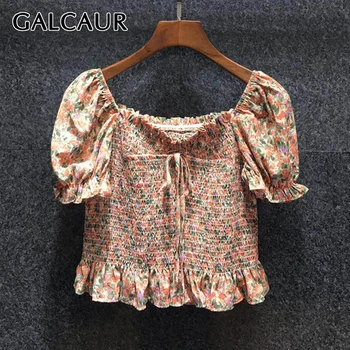 

GALCAUR Print Shirt For Women Square Collar Puff Short Sleeve Tunic Ruched Hit Color Shirts Female 2020 Fashion New Clothing