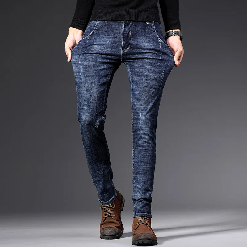 Autumn Men's Jeans Solid color Micro-elastic Classic Men Straight Slim Fashion Denim Trousers male 2019 New | Мужская одежда