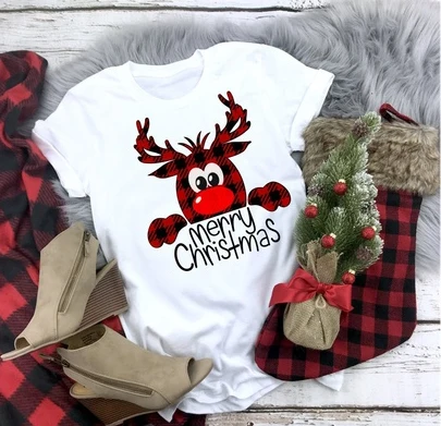 Женская мода короткий рукав буйвола плед олени Merry Christmas с принтом на каждый день