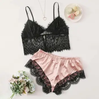 

women Pajamas New Sexy Lace Lingerie Silk Underwear Sleepwear Nightdress Satin lenceria sexi para mujer F@