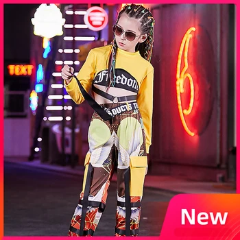 

Modern Street Dance Costumes Kids Hip Hop Dance Yellow Sweatshirt Vest Pants Girls Jazz Dancewear Catwalk Stage Outfit DQL2895