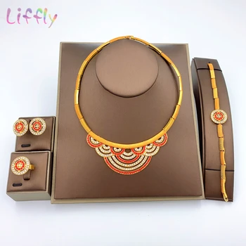 

Wholesale Dubai Wedding African Beads Jewelry Sets Gold Necklace Bracelet Earrings Rings Nigerian IndianWomen Jewelry Sets