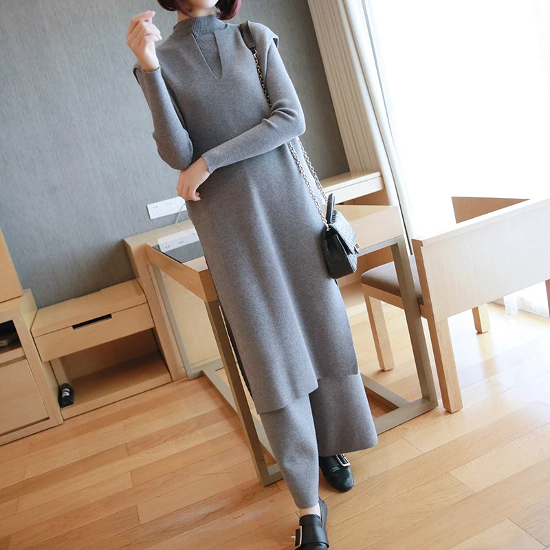 

2020 Brand Designer Runway Fall 2 Piece Set Women Red Black Sleeveless Knitted Sweater Dress and Loose Wide Leg Pants Ladies