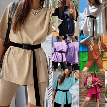 

Casual Solid Outfits Women's Two Piece Suit with Belt Home Loose Sports Tracksuits Fashion Leisure Bicycle Suit Summer