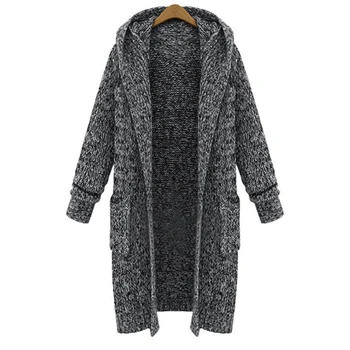 

2019 Warm Women Autumn Cardigan Knitted Gray Hooded Female Long Sweater With Two Pockets Femme Open Stitch