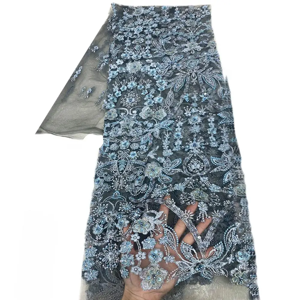 Perfect Quality Dusty Blue Heavy Handmade Mesh Lace Sequins Fabric For African Party Dress Women Beaded Embroidery Champange Net