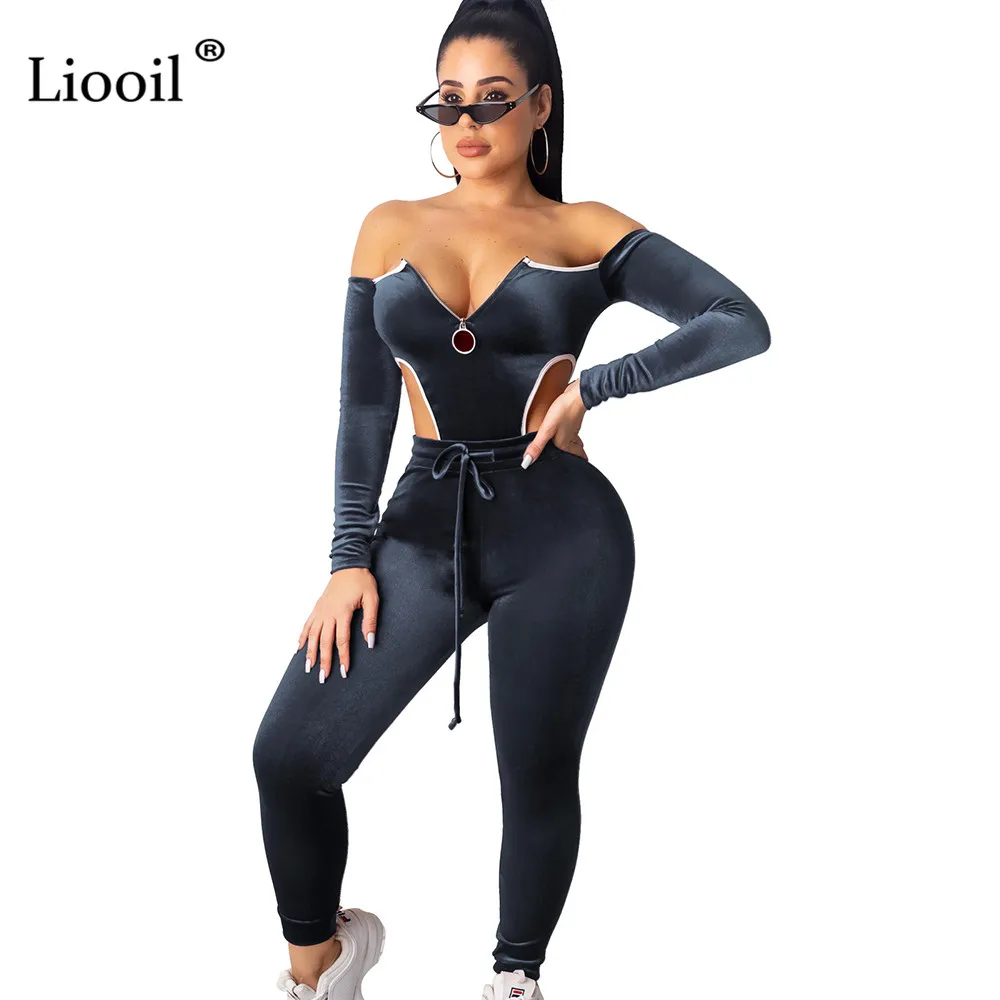 Liooil Бархатный комплект из двух предметов для ночного клуба, боди с открытыми плечами и штаны, длинные рукава, на молнии, облегающие вечерние костюмы для женщин