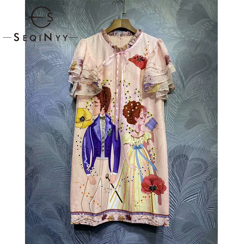 

SEQINYY Straight Dress 2020 Summer Spring New Fashion Design Short Flare Sleeve Chiffon Spliced Crystal Cartoon Print Pink Dress