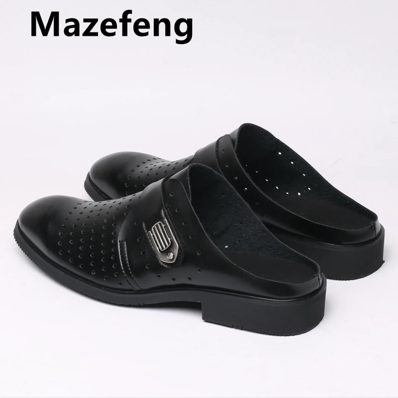 Mazefeng Men Hollow Male Shoes Summer Slippers Simple Casual Half Solid Outdoor Leather Round Toe | Обувь