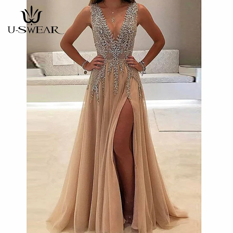 

Evening Gowns for Women Sexy V-Neck Sleeveless Applique Evening Party Prom Formal Gowns Long Dresses Vestidos Robe De Soiree