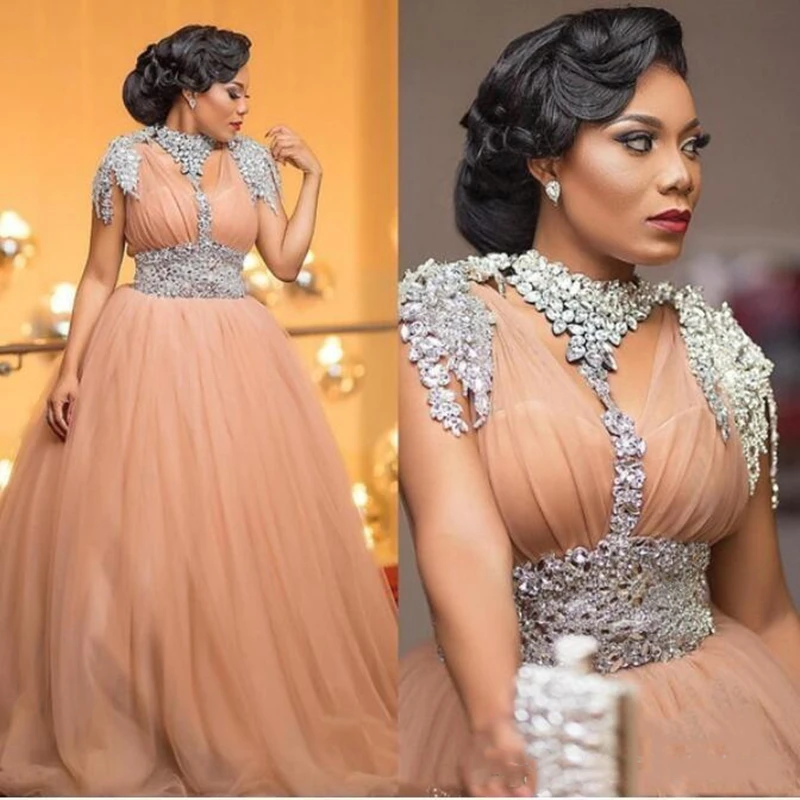 

Luixury African Evening Dresses Beaded Crystal Plus Size Formal Evening Gowns Tulle robe de soiree 2019 Prom Dress vestido de
