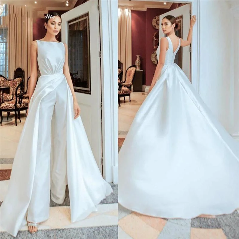 『Cheap!!!』- Satin Jumpsuit Wedding Dresses Bridal Gowns 2021 With
Overskirt Bride Reception Beach Garden Women Pant Suits Vestido De Noiva