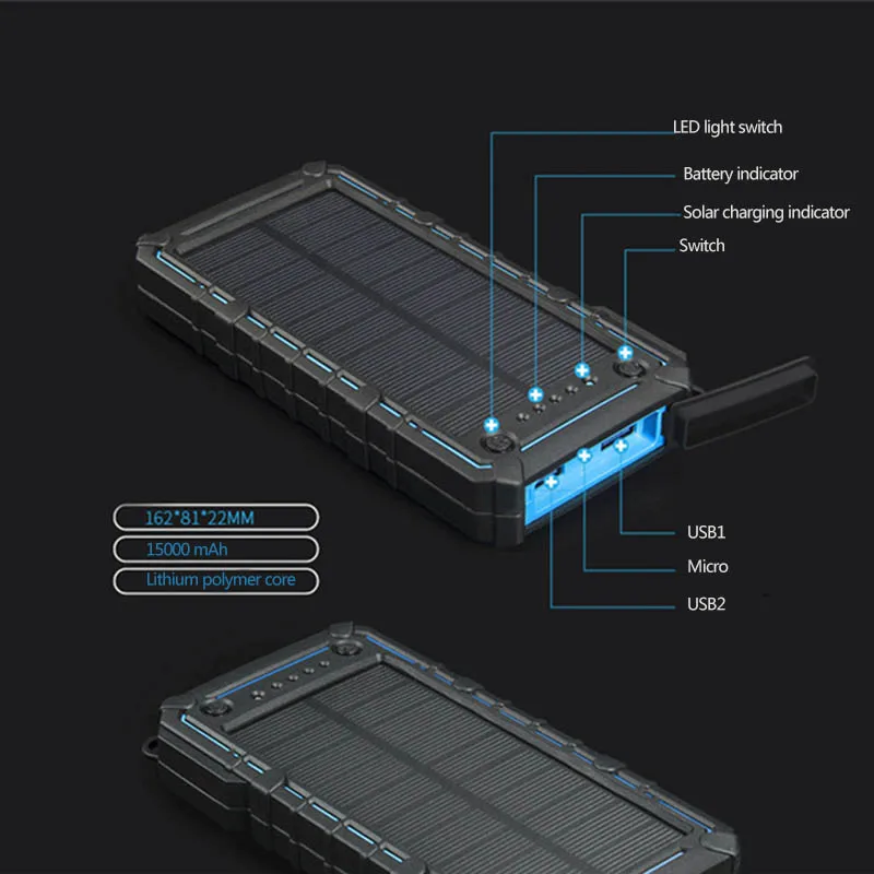 TUOSHIKE солнечной энергии банк 15000 светодиодный фонарь мА · ч аварийная Внешняя батарея зарядное устройство водонепроницаемый банк питания для Xiaomi Iphone samsung