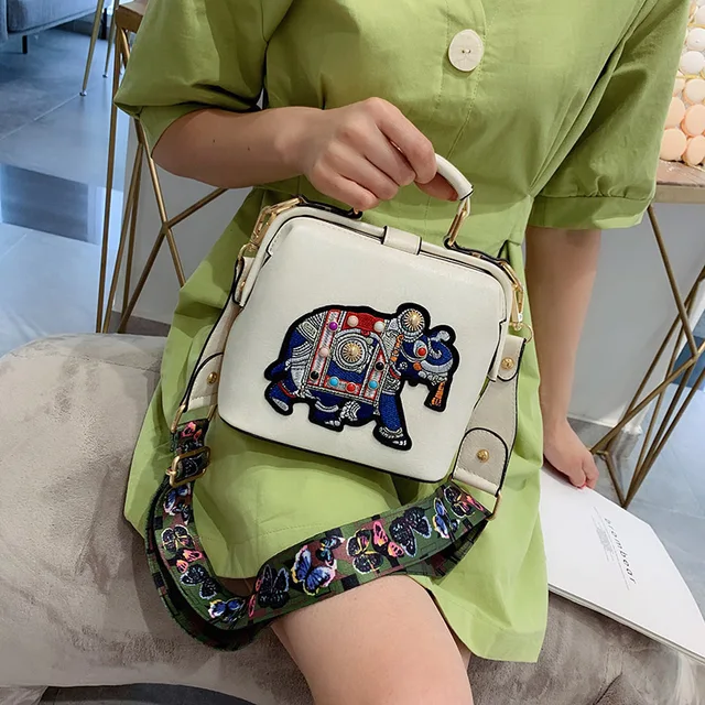 Vintage Embroidery Elephant Bag Bags Wide Butterfly Strap PU Leather Women Shoulder Crossbody Bag Tote Women's Handbags Purses women bag White