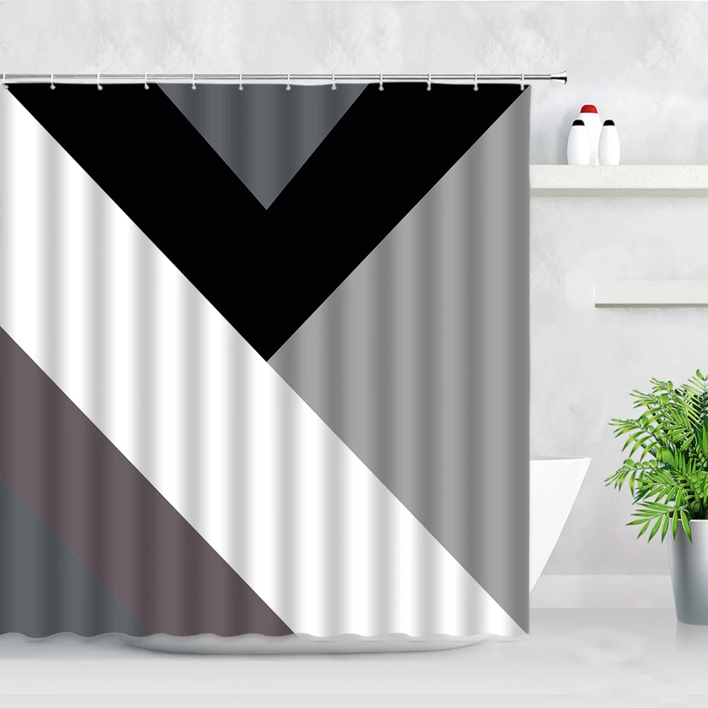 

Креативная занавеска для душа с геометрическим рисунком, черная, белая, серая, современная простая мужская домашняя декоративная Водонепроницаемая занавеска из искусственной ткани с крючками