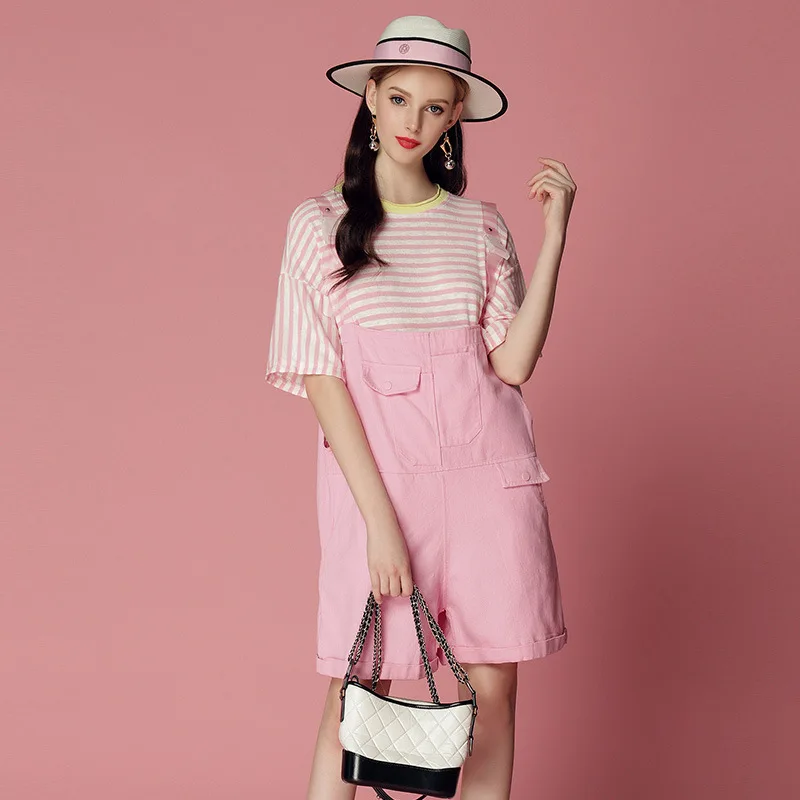 

WOMEN'S Dress 2019 Summer New Style Contrast Color Crew Neck Drop-shoulder Sleeve Stripes T-shirt + Suspender Shorts by Age Set
