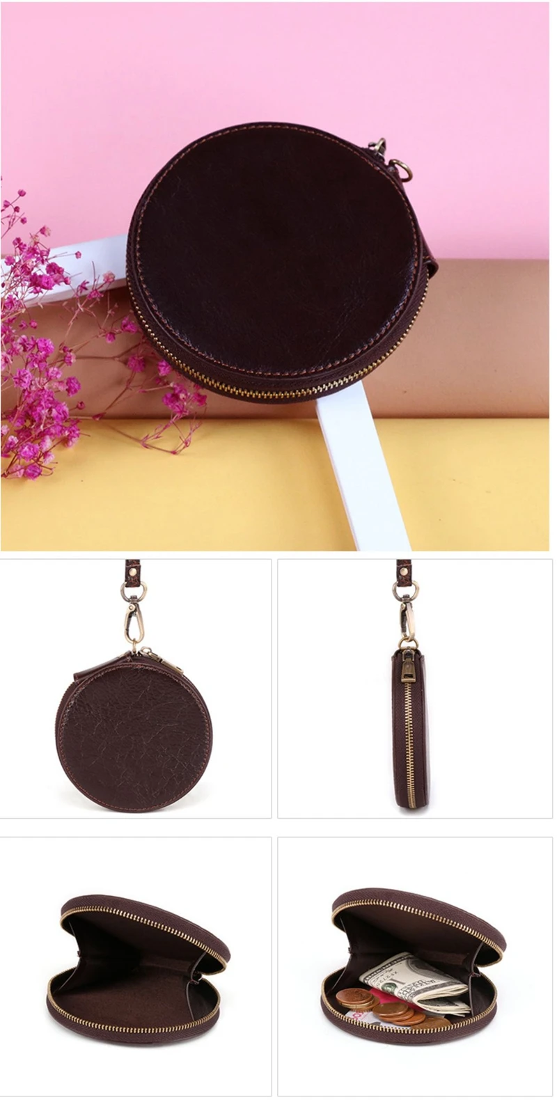 Genuine Leather Coin Purse Bag For Women Girl Short Zipper Round Small Money Pocket Bags Card Holder Wallet With Wraist Strap