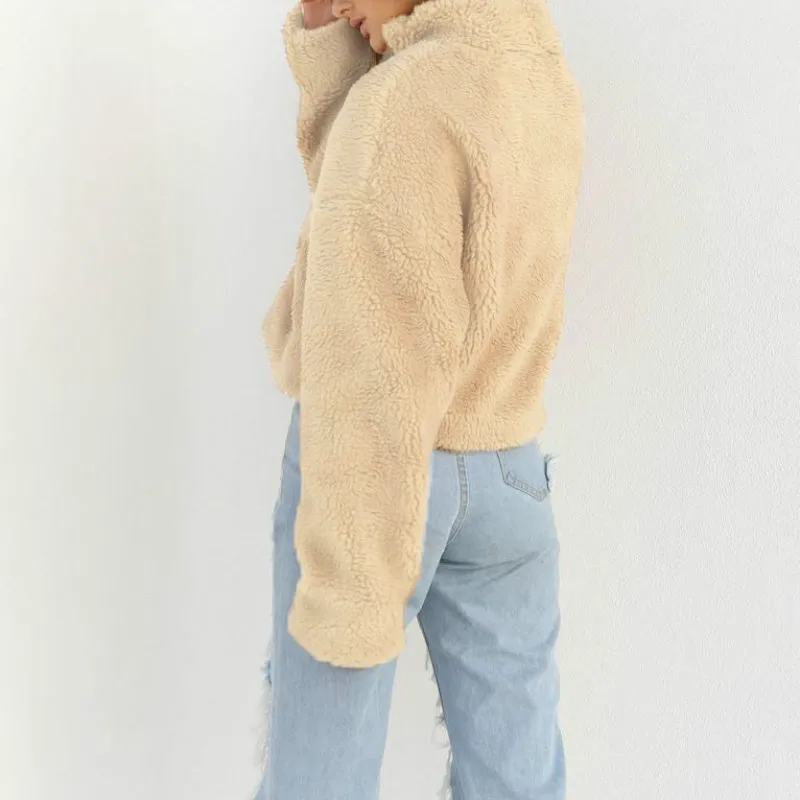 Зимняя однотонная плюшевая Женская толстовка с длинным рукавом и круглым вырезом на молнии, длинный Повседневный пуловер с капюшоном, толстовка большого размера