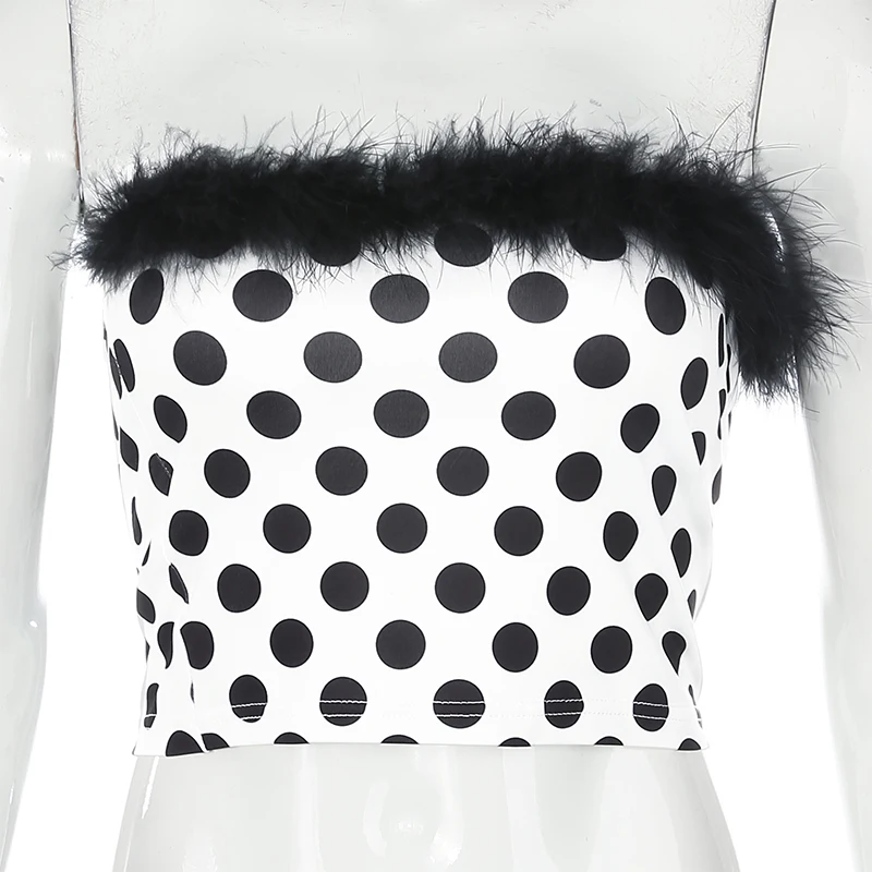 IAMHOTTY, узор в горошек, перо, без бретелек, Женская майка, летняя, с принтом коровы, без рукавов, майка, с открытой спиной, милая, черная и белая, укороченный топ