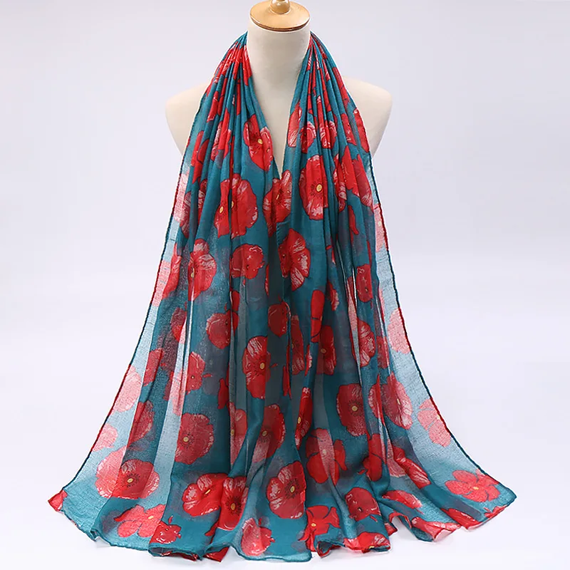 Женский модный винтажный Маковый шарф из вискозы с цветочным принтом, женские шали и накидки из вуали с принтом, шарф из пашмины, хиджаб, фуларды 180*85 см