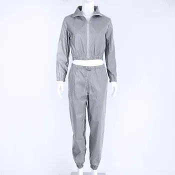 

Fashion 2 Piece Women Tracksuits Set Reflective Jacket and Long Pants Ladies Loose Zipper Shine Sweatsuit Outfits Sets