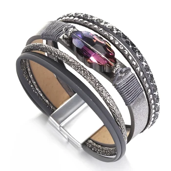 

Flashbuy Fashion Big Crystal Leather Bracelet For Women Simple Rhinestone Charm Magnet Wrap Bangles Costume Jewellery Gift