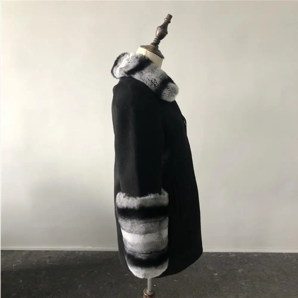 Women's Winter Cashmere Coat Warm Thick Real Rabbit Fur Collar Sleeves Gradient Color Matching Mid-length Luxury Woman Coat