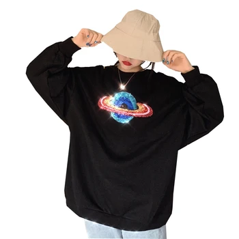 

Hoodies Women 2019 Autumn Shiny Planet Patch Harajuku Fashion Pullover Winter Loose Capless Round Neck Bf Hoodies Women