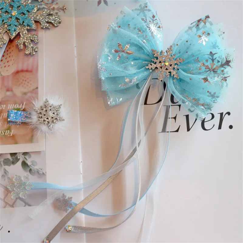 5pcs/lot Christmas Glitter Snowflake Hair Bows For Girls Handmade Double Layered Hairgrips Dance Party Girls Hair Accessories - Цвет: 9