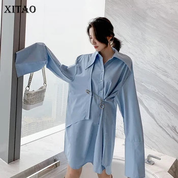 

XITAO Blue Irregular Dress Women Loose Fashion Simple Turn Down Collar 2020 Autumn Long Sleeve Elegant Dress Goddess ZP1828