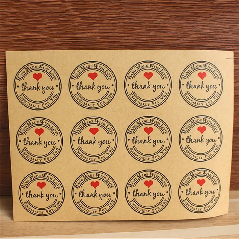 12/60/120PCS Thank You Red Custom Round Labels Paper Bag Kraft Stickers Love Self-adhesive Stickers Garment Labels For Party
