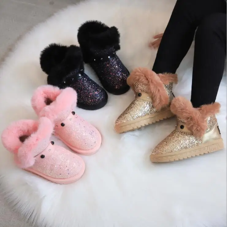 Модные зимние детские ботинки; толстая детская хлопковая обувь; теплые плюшевые ботинки с мягкой подошвой для маленьких девочек; зимние лыжные ботинки для малышей