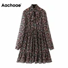 Aachoae Women's Floral Dress Bow Tie Neck Vintage Pleated Dress See Through Sleeve Print Mini Dress Casual Sundress Vestidos ► Photo 2/6