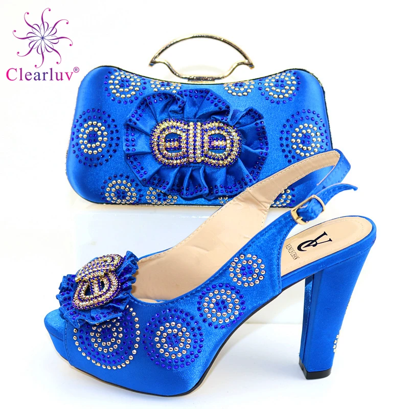 

2020 New Design r.blue Fashion Rhinestone Woman Shoes And Matching Bag Set Nigerian Style Pumps for Party