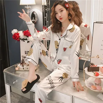 

Spring Autumn Printing Pattern Women Pajama Set Rayon Sleepwear Long Sleeve Trousers Two Paper Suit Pyjamas Women Sleepwear