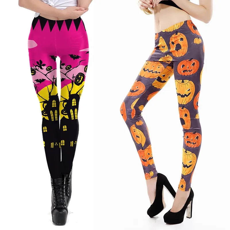 

Halloween Women Pumpkin Castle Printing Tight Leggings Lady Skeleton Print Pants Teen Girl Skeleton Rose Horrible Night Costumes