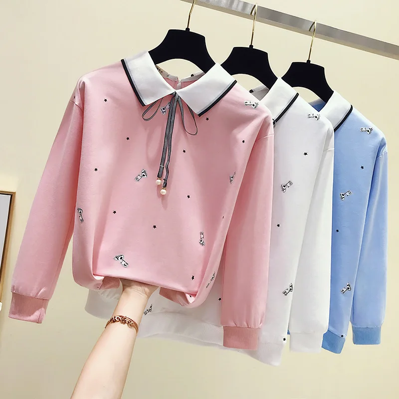 

Slimming 2019 Early Spring New Style Mock Two-Piece Peter Pan Collar Loose-Fit Versatile Long-sleeved T-shirt Women's