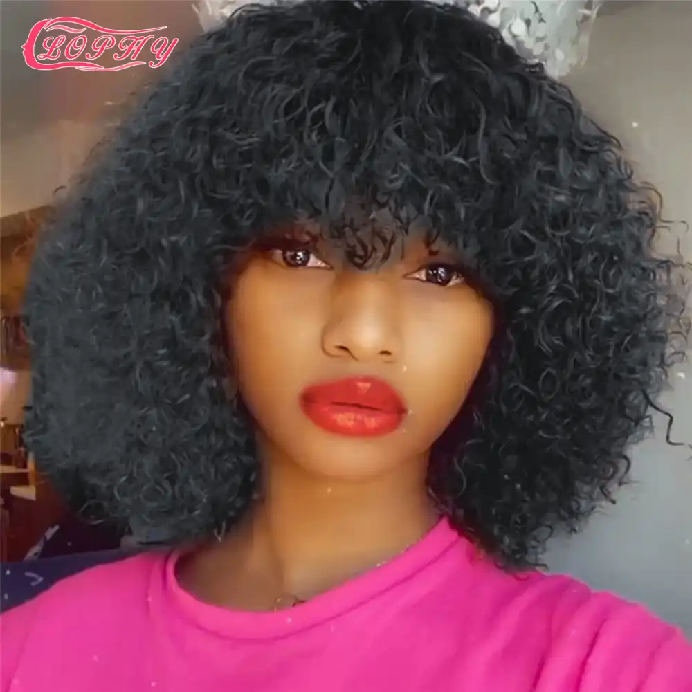 Perruques Naturelles Bouclees Jerry Avec Frange Cheveux Courts Couleur Blond Miel A Reflets Faites Machine Pour Femmes Aliexpress