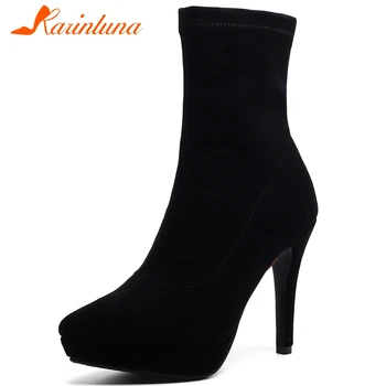 

KARINLUNA Ladies Party Thin High Heels Boots Black Pointed Toe Ankle Platform Boots Women Sexy High Top Sock Shoes Woman