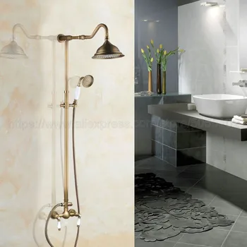 

Antique Brass Bathroom Shower Faucet Set Double Handle 8.2" Rainfall Shower System with Handshower zan516