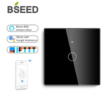 

BSEED Glass Wifi Logo Touch Switch Google Alexa 1/2/3Gang Black Color Smart Wall Light Switch