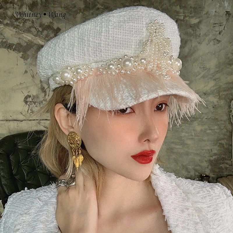 WHITNEY WANG Зимний дизайнерский стиль жемчуг Бисер Перья твидовые береты Женская стильная шапка искусство Кепка японский маляр шляпа